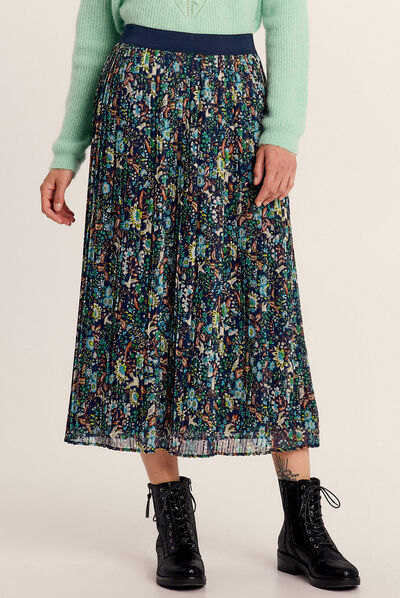 Jupe longue droite plissée bleu marine femme