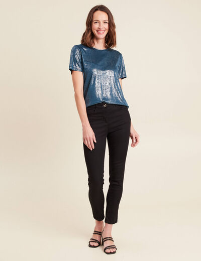 t-shirt droit court satiné col rond bleu canard femme