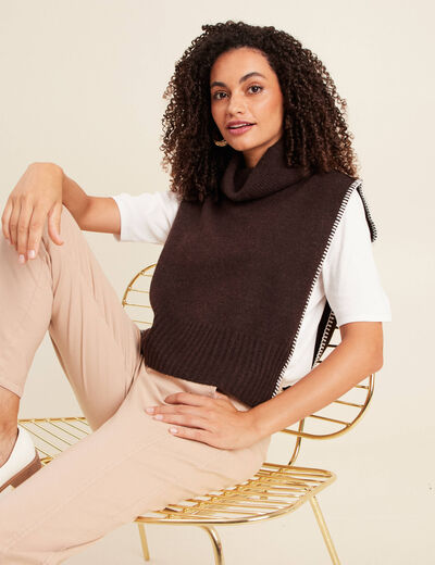 Pull sans manches aspect laineux marron fonc&eacute; femme