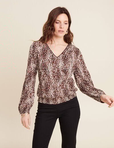 Blouse droite manches longues marron cognac femme