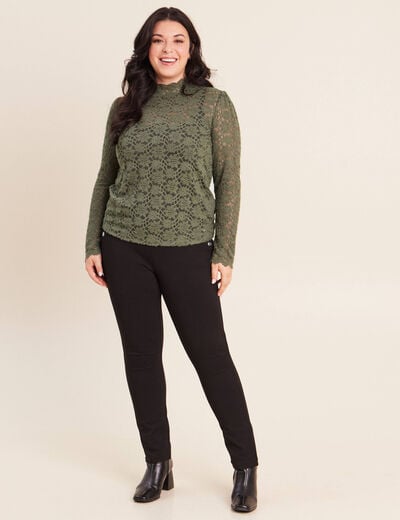 T-shirt cintr&eacute; col montant dentelle vert kaki femme