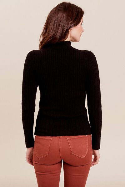 Pull manches longues côtelé noir femme