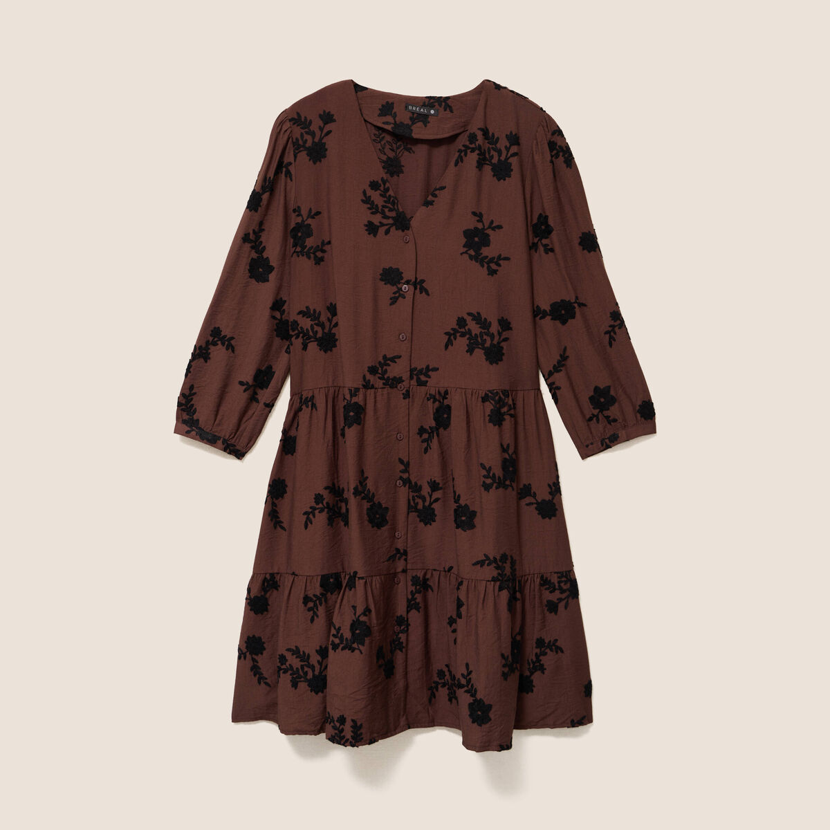 Robe courte &eacute;vas&eacute;e col v manches 3/4 marron femme