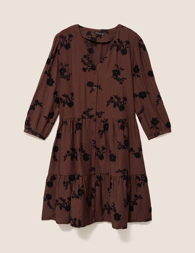Robe courte &eacute;vas&eacute;e col v manches 3/4 marron femme