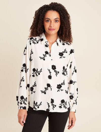 Chemise fluide brod&eacute;e manches longues blanc femme