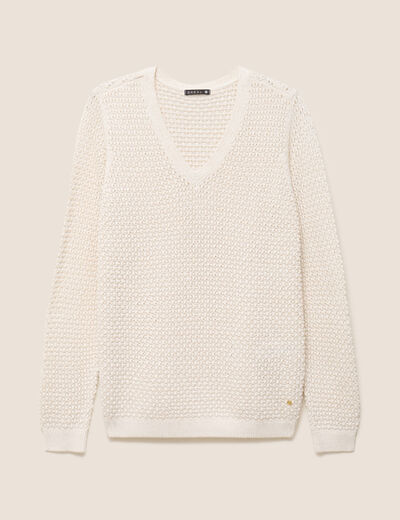 Pull manches longues col en V ecru femme
