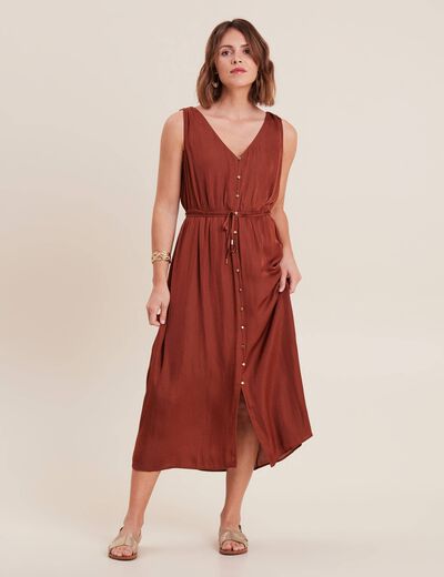 Robe midi évasée satin marron foncé femme