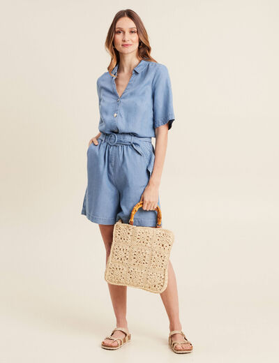 Combishort ceinturée denim double stone femme