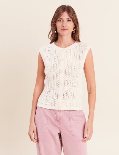 Gilet ajour&eacute; droit court col rond ecru femme