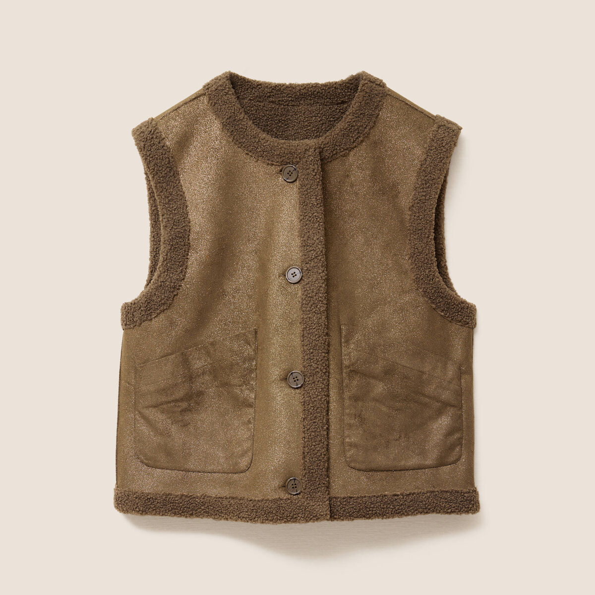 Gilet r&eacute;versible laine mouton vert kaki femme