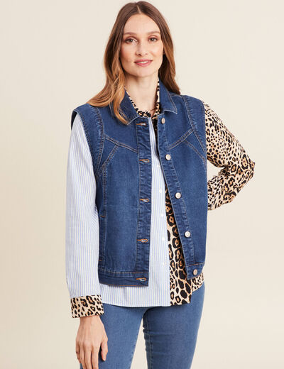 Veste droite sans manches en jean denim stone femme