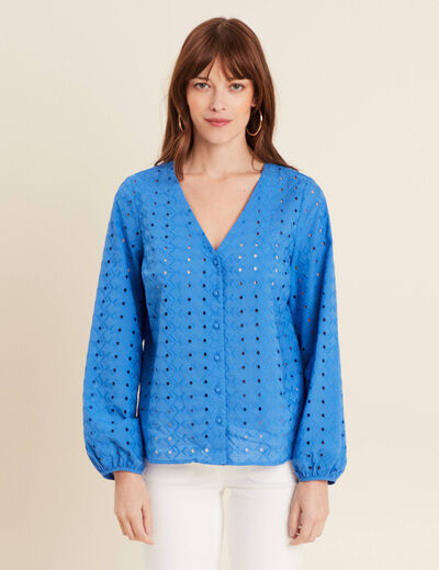 Chemise manches 3/4 brodée bleu femme