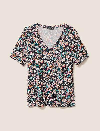 T-shirt col V manches courtes bleu femme