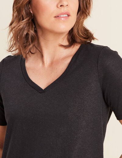 T-shirt col V manches courtes noir femme