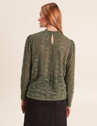 T-shirt cintr&eacute; col montant dentelle vert kaki femme