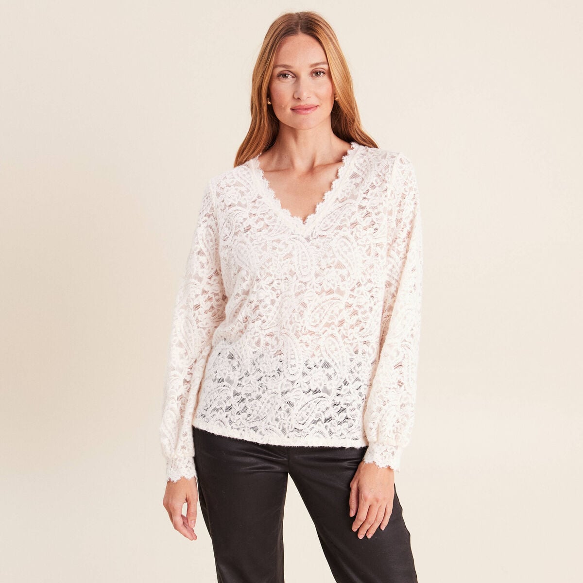 Blouse col v manches longues ecru femme