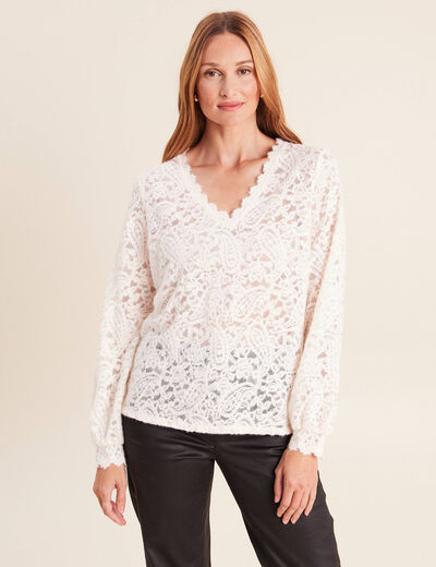 Blouse col v manches longues ecru femme