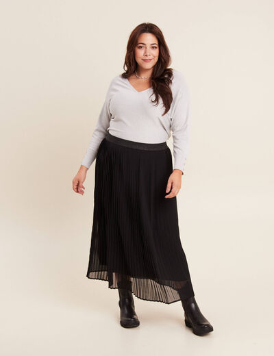 Jupe longue évasée plissée noir femme