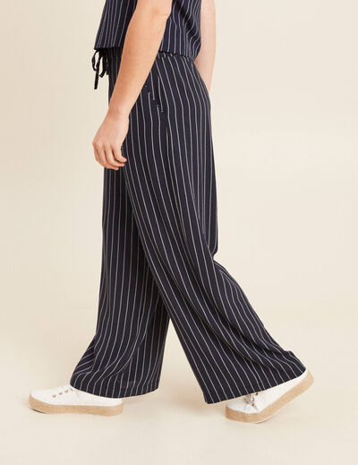 Pantalon large taille haute bleu foncé femme
