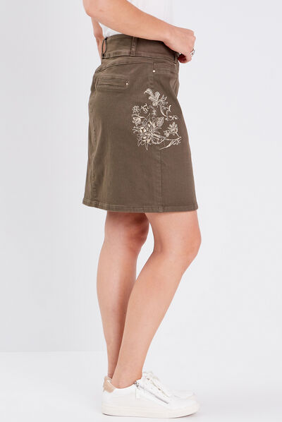 Jupe droite brodée vert kaki femme