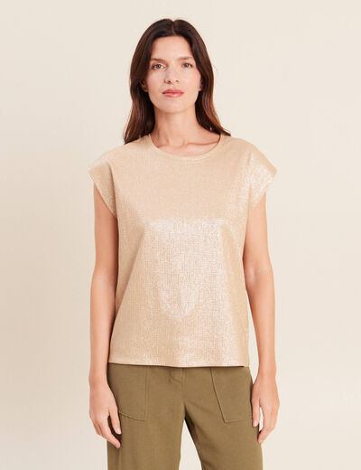 T-shirt col rond sans manches beige femme