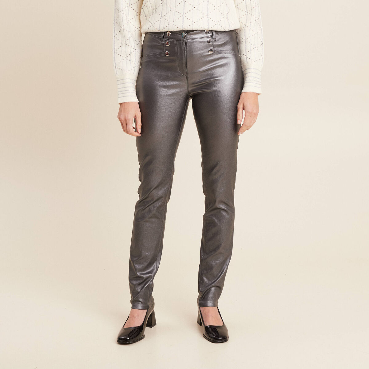 Pantalon ajust&eacute; enduit &agrave; pont couleur argent femme