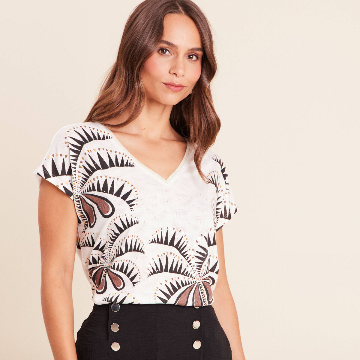 T-shirt col v manches courtes ecru femme