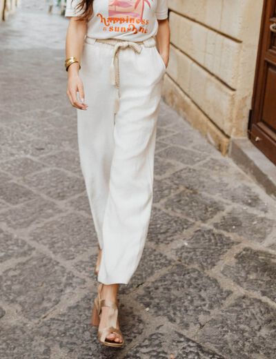 Pantalon large fluide ceinturé ivoire femme