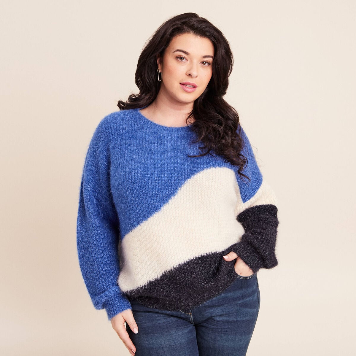 Pull col rond manches longues ecru femme
