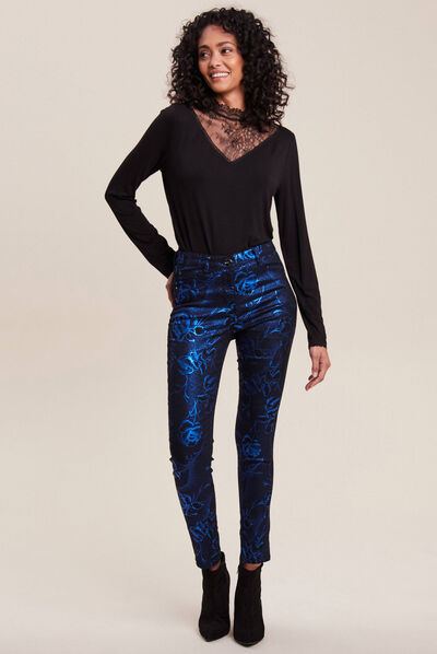 Pantalon ajusté enduit 7/8ème bleu electrique femme