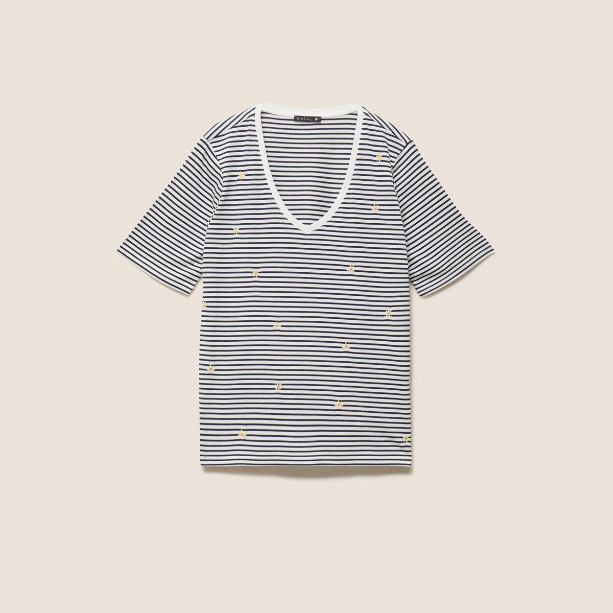 T-shirt droit broderie manches courtes bleu femme