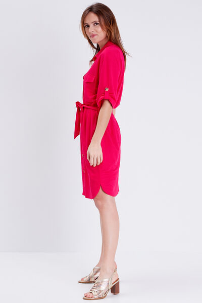 Robe boutonnée à manches courtes rose fushia femme