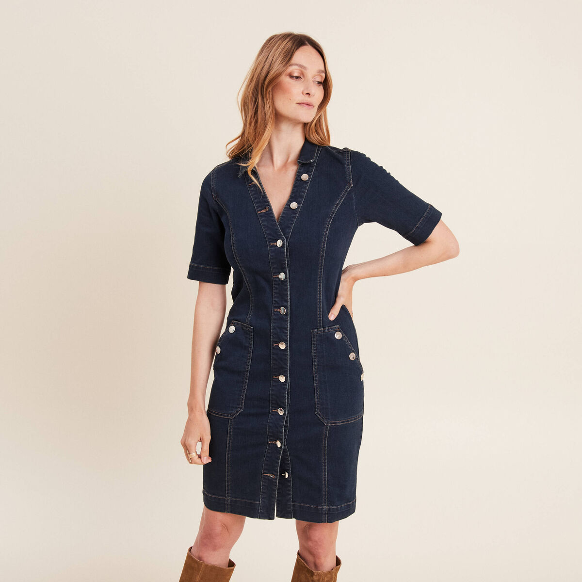 Robe droite en jean denim brut femme