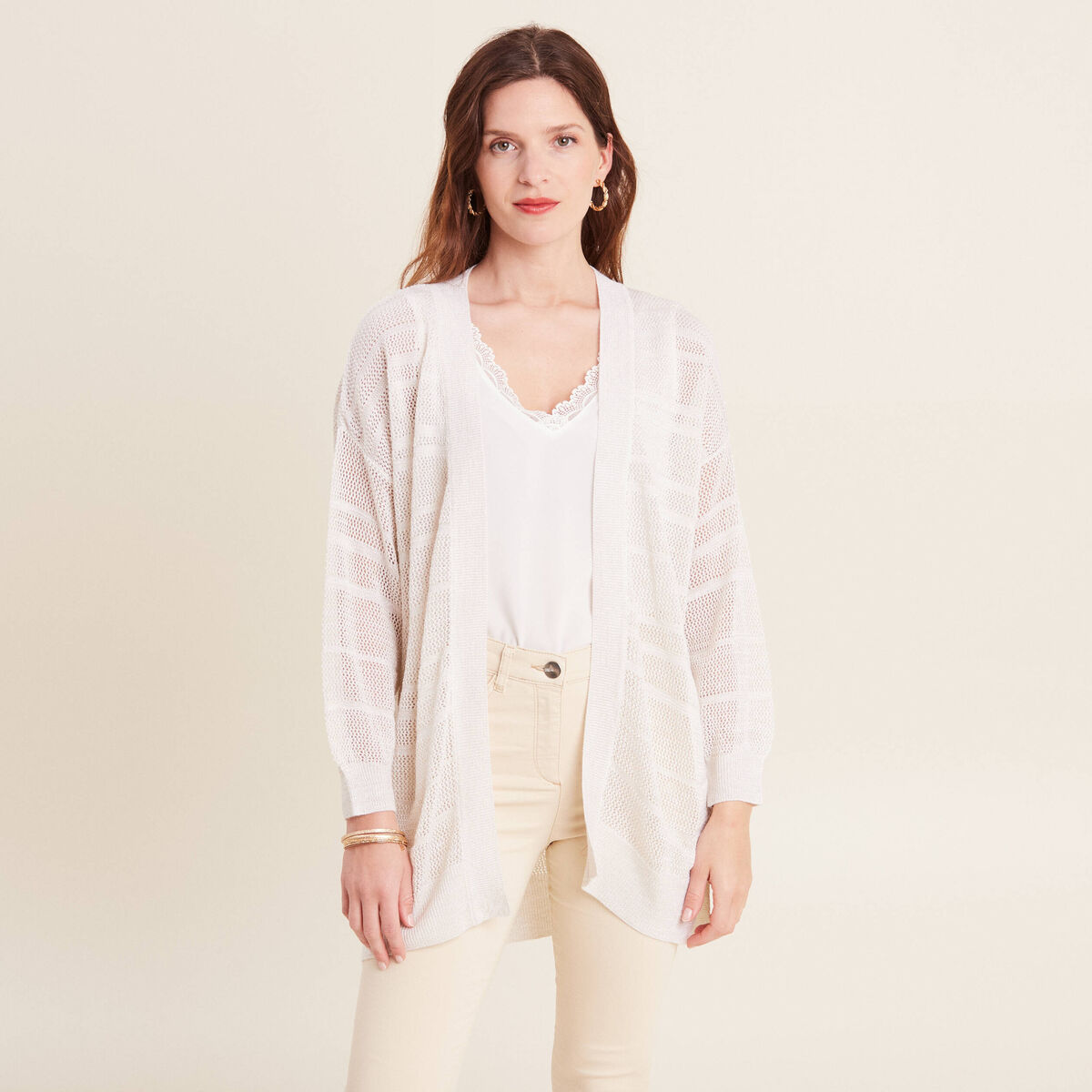 Gilet ajouré manches 3/4 ecru femme