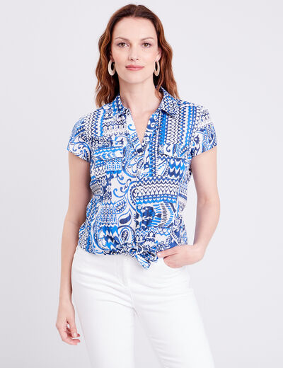 Chemise manches courtes nouée bleu femme