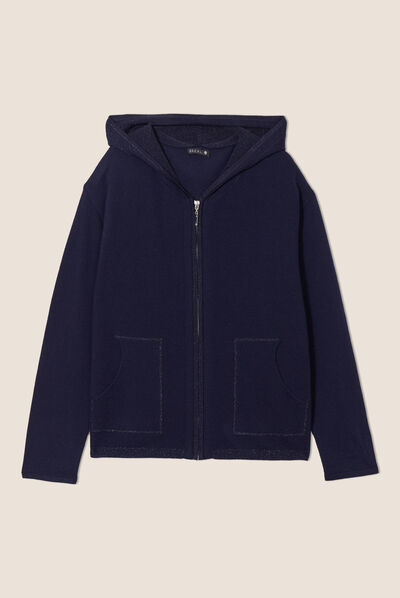 Gilet manches longues à capuche bleu marine femme