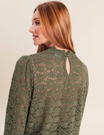 T-shirt cintr&eacute; col montant dentelle vert kaki femme