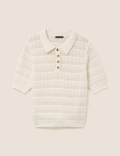 Pull col chemise manches courtes ecru femme
