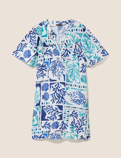 Robe droite courte col tunisien bleu femme