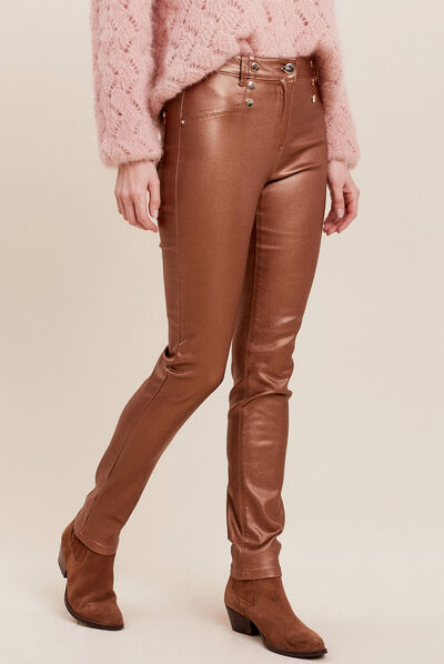 Pantalon ajusté enduit à pont camel femme