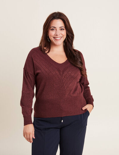 Pull manches longues col en V couleur cuivre femme