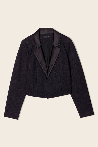 Veste ajustée col en satin noir femme