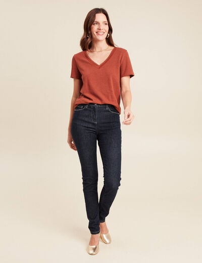 T-shirt manches courtes col en V marron foncé femme