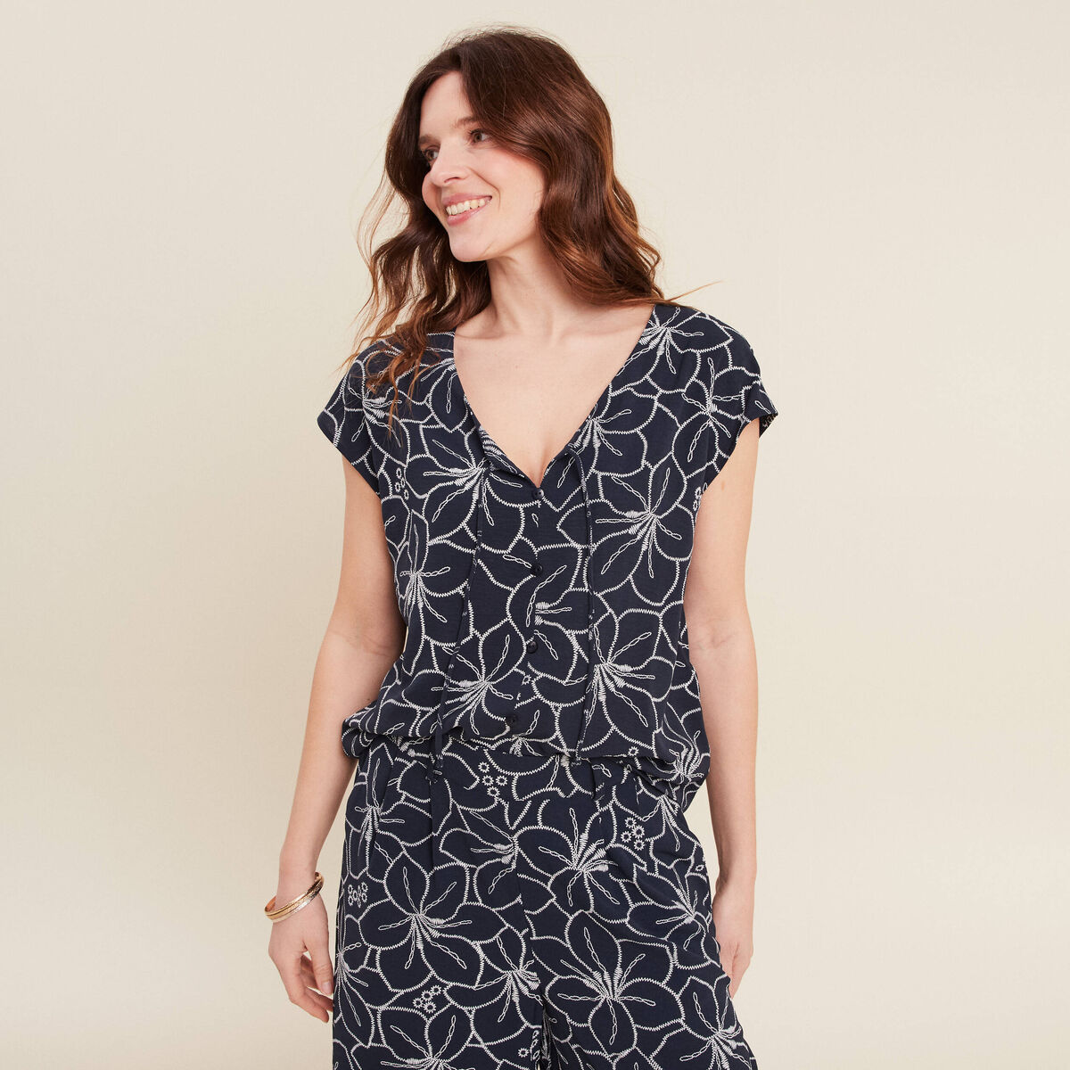 Blouse manches courtes bleu foncé femme