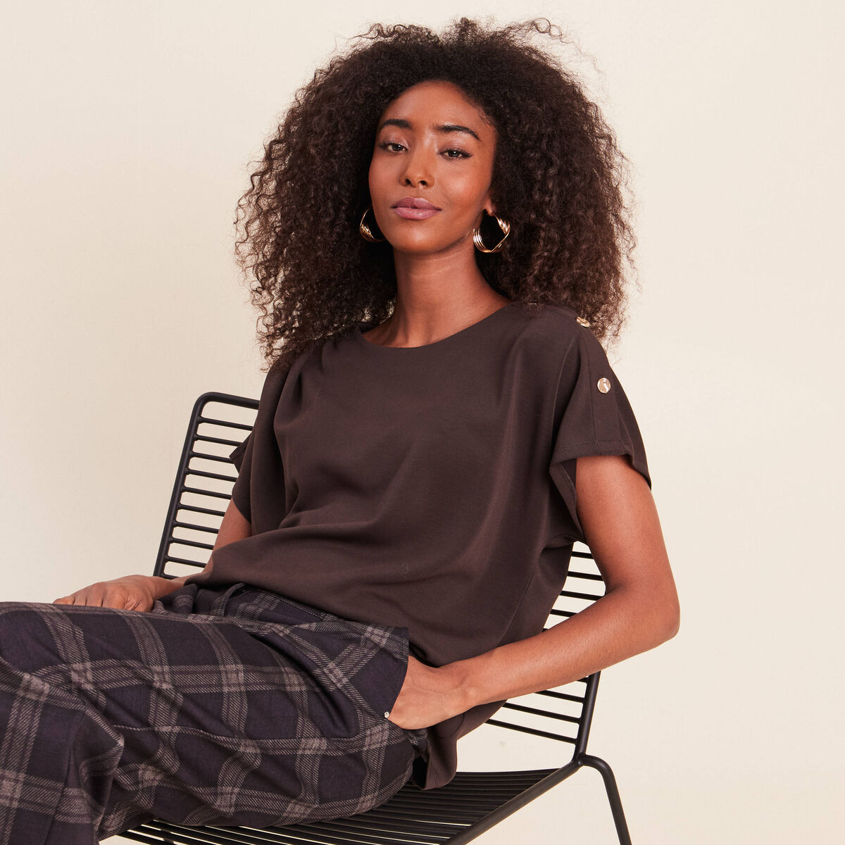 T-shirt manches coudes marron fonc&eacute; femme