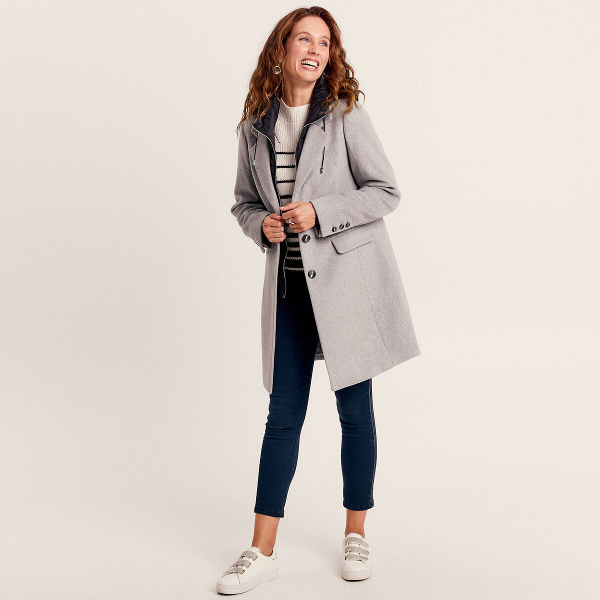 Manteau 2 en 1 droit &agrave; capuche gris clair femme