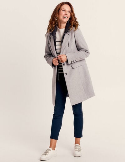 Manteau 2 en 1 droit &agrave; capuche gris clair femme
