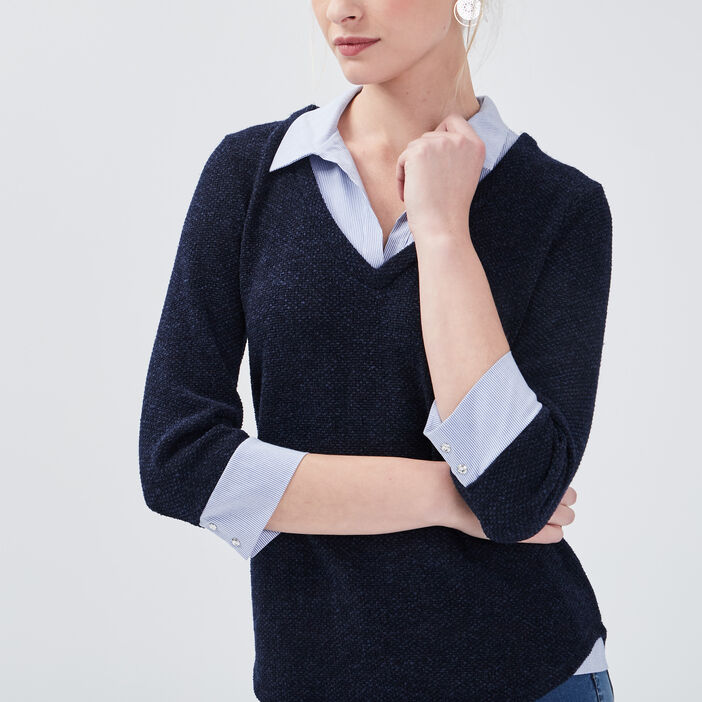 T-shirt manches 3/4 bleu marine femme