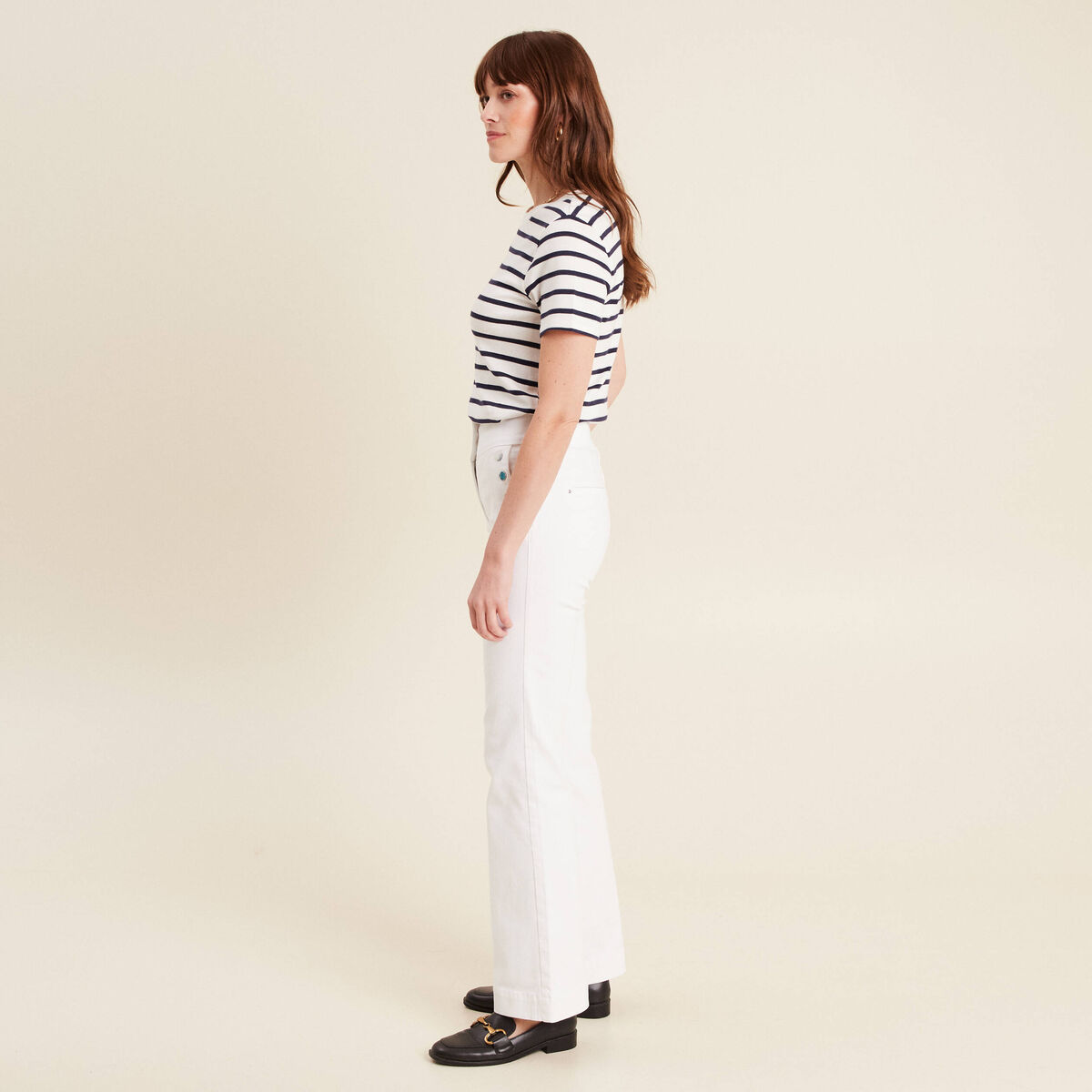 Pantalon coupe bootcut &agrave; pont blanc femme