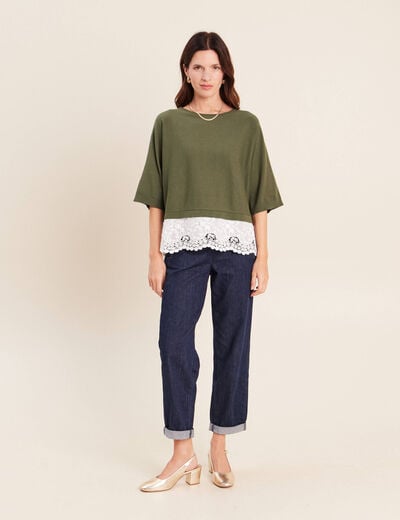 Pull bi-mati&egrave;re col bateau vert kaki femme
